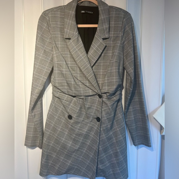 Zara Grey Plaid Check Double Breasted Blazer Mini Dress. - Picture 3 of 4